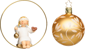 5226/6312/2gold, Angel in Ring, with Gingerbread Heart and Bauble; Glass Bauble, Gold