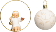 5226/6312/2weiß, Angel in Ring, with Gingerbread Heart and Bauble; Glass Bauble, White