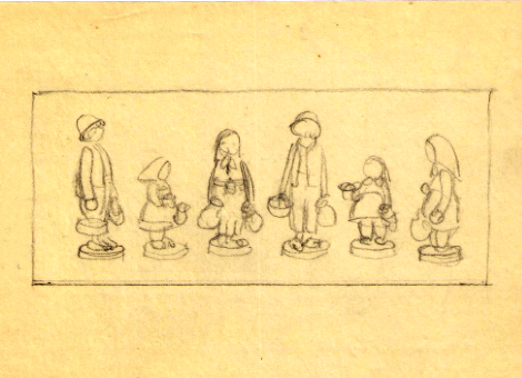 [Translate to Englisch (US):] Skizze von der Beerensammlergruppe. 3 Figuren in verschiedenen Perspektiven. Bleistiftzeichnung.