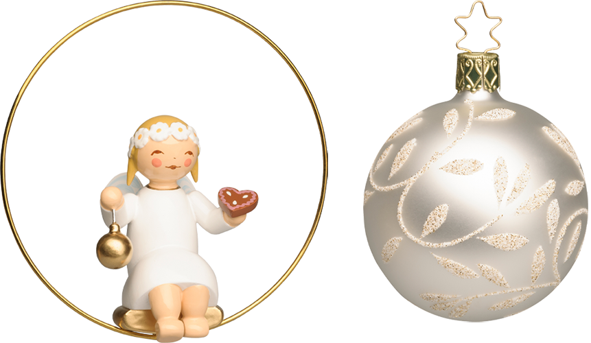 Angel in Ring, with Gingerbread Heart and Bauble; Glass Bauble, Silver