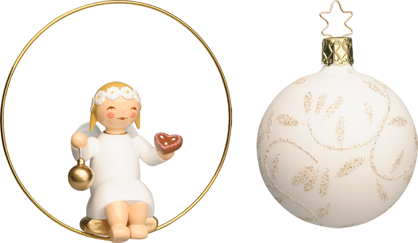 Angel in Ring, with Gingerbread Heart and Bauble; Glass Bauble, White