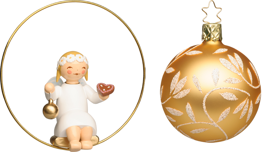 Angel in Ring, with Gingerbread Heart and Bauble; Glass Bauble, Gold
